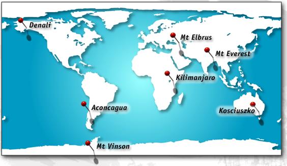 World Map showing the seven summits